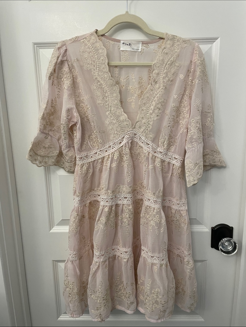 Women’s Sheer Lace-Trim Pink Embroidered Dress